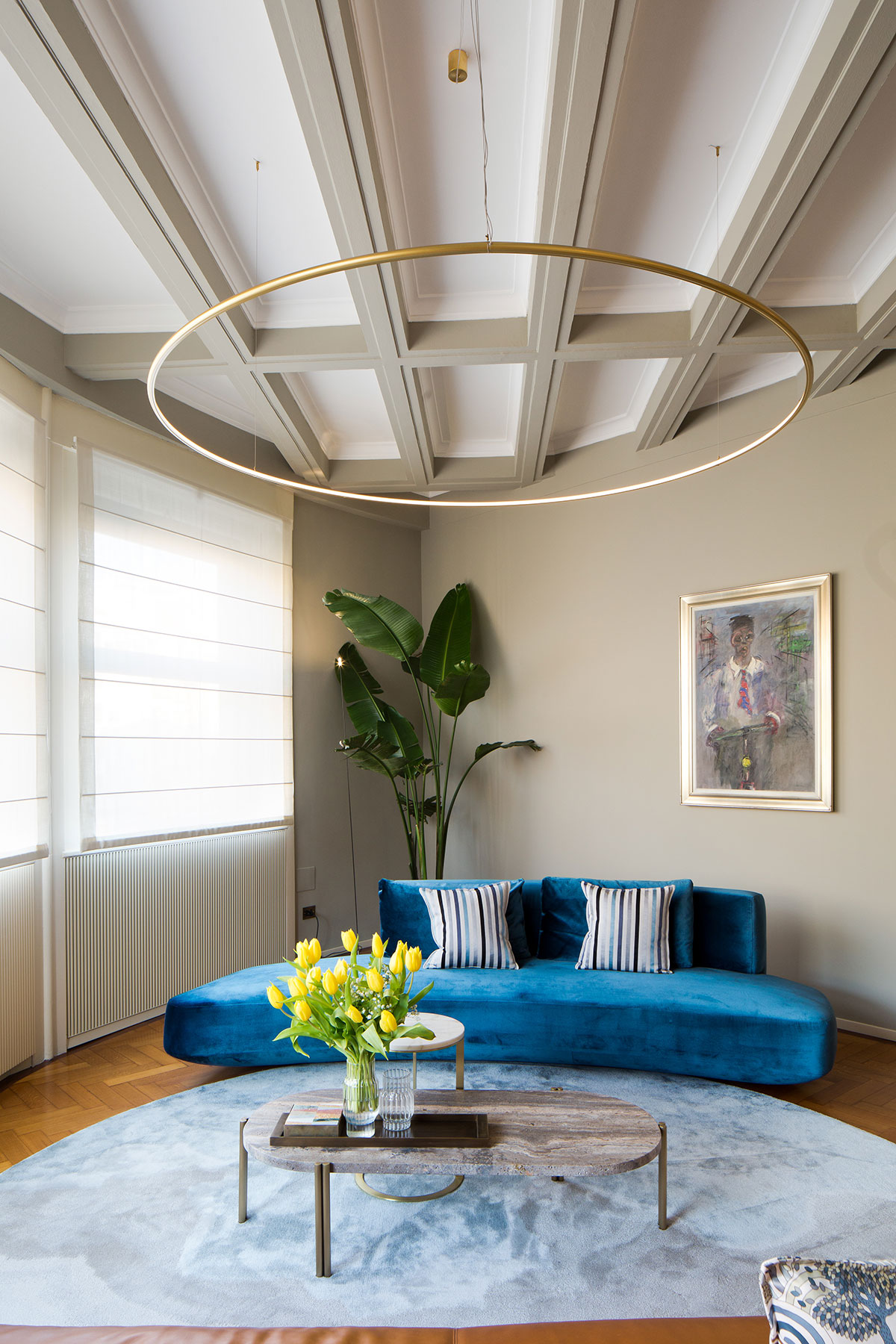 various materials and finishes come together in a harmonious and colorful environment