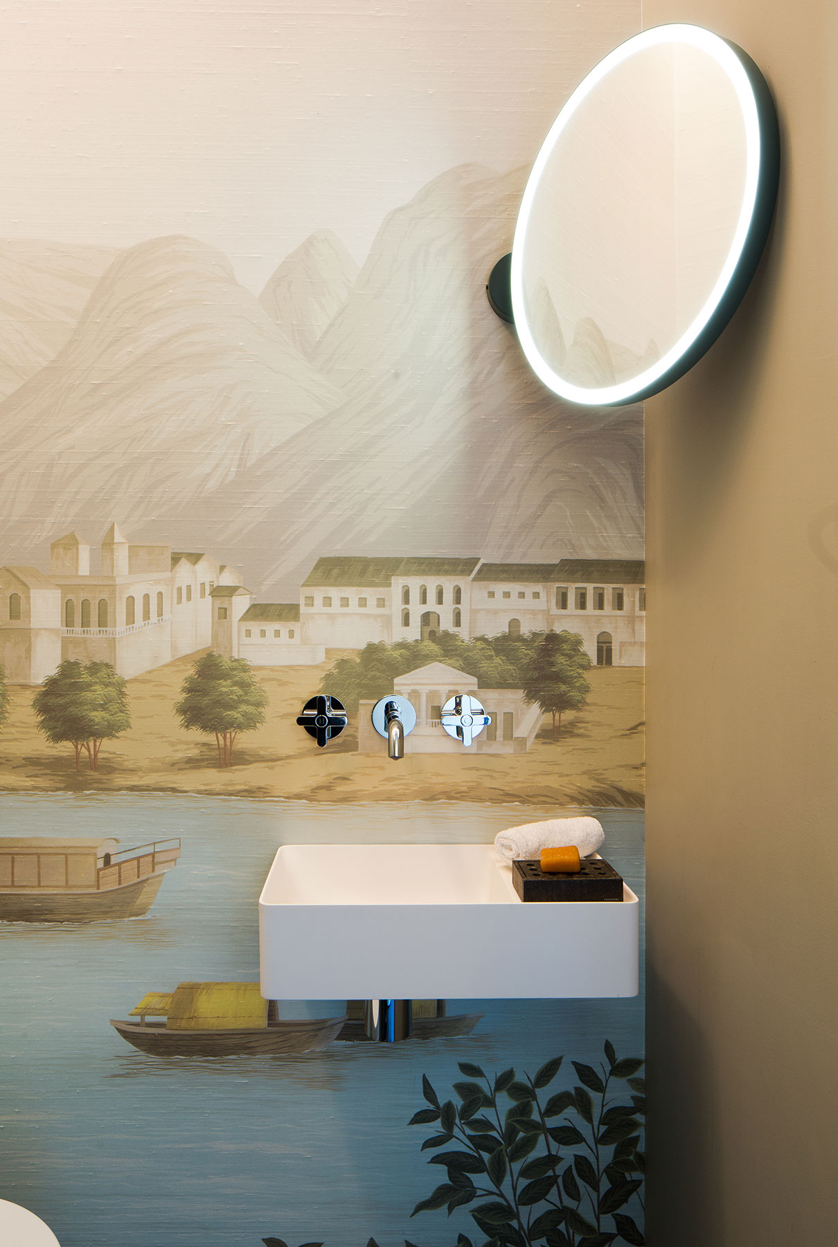 various materials and finishes come together in a harmonious and colorful environment