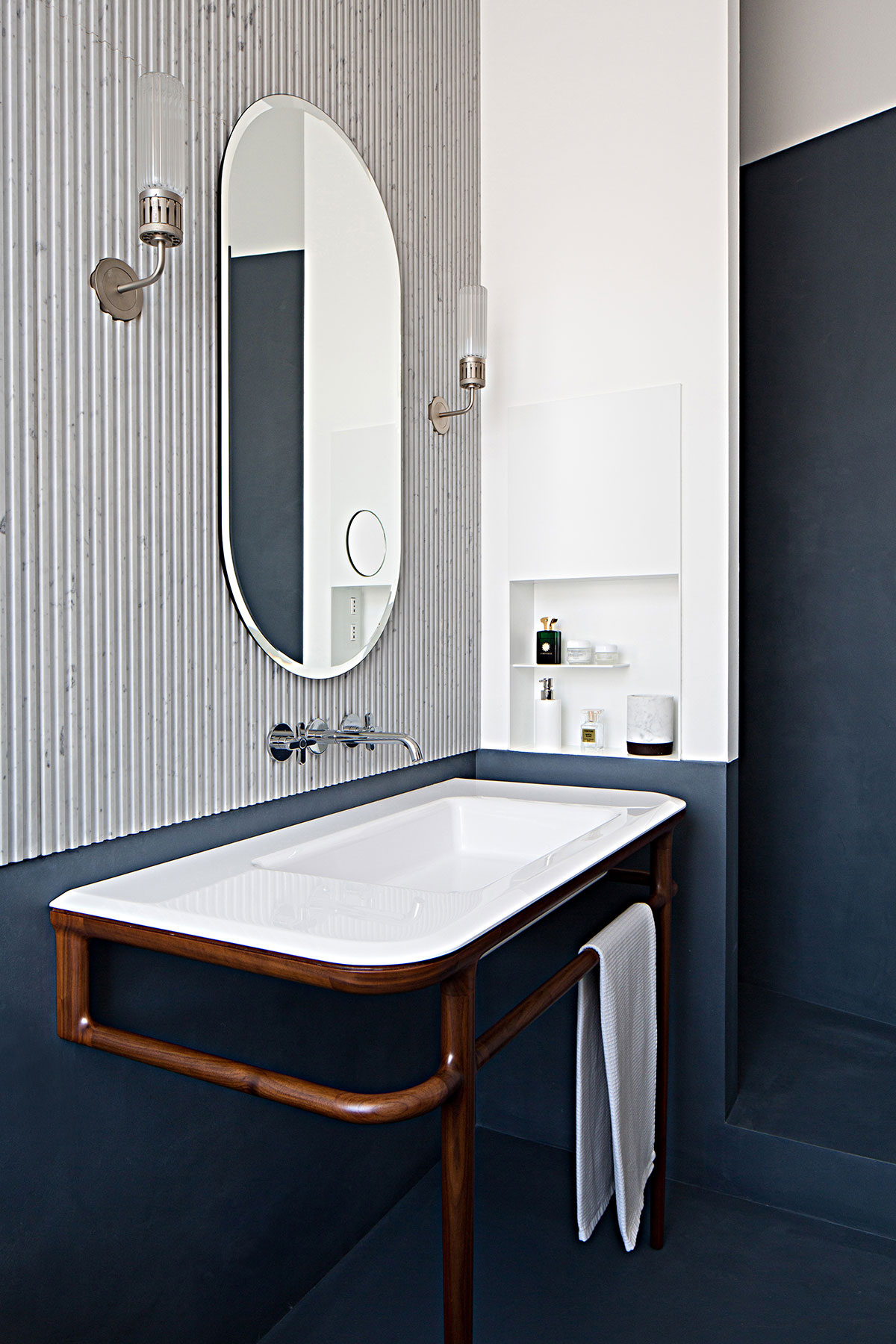 various materials and finishes come together in a harmonious and colorful environment