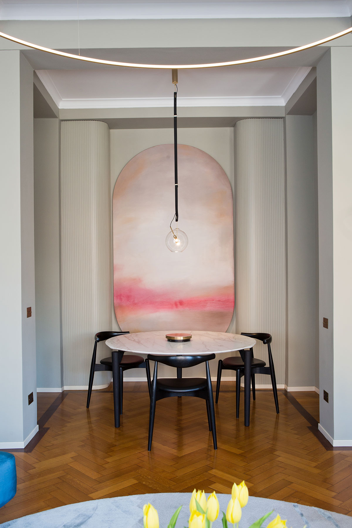 various materials and finishes come together in a harmonious and colorful environment