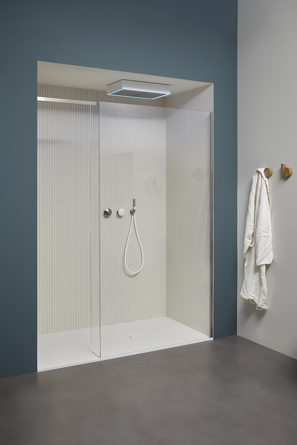  a showerhead fixed to the ceiling and visible when not in function.