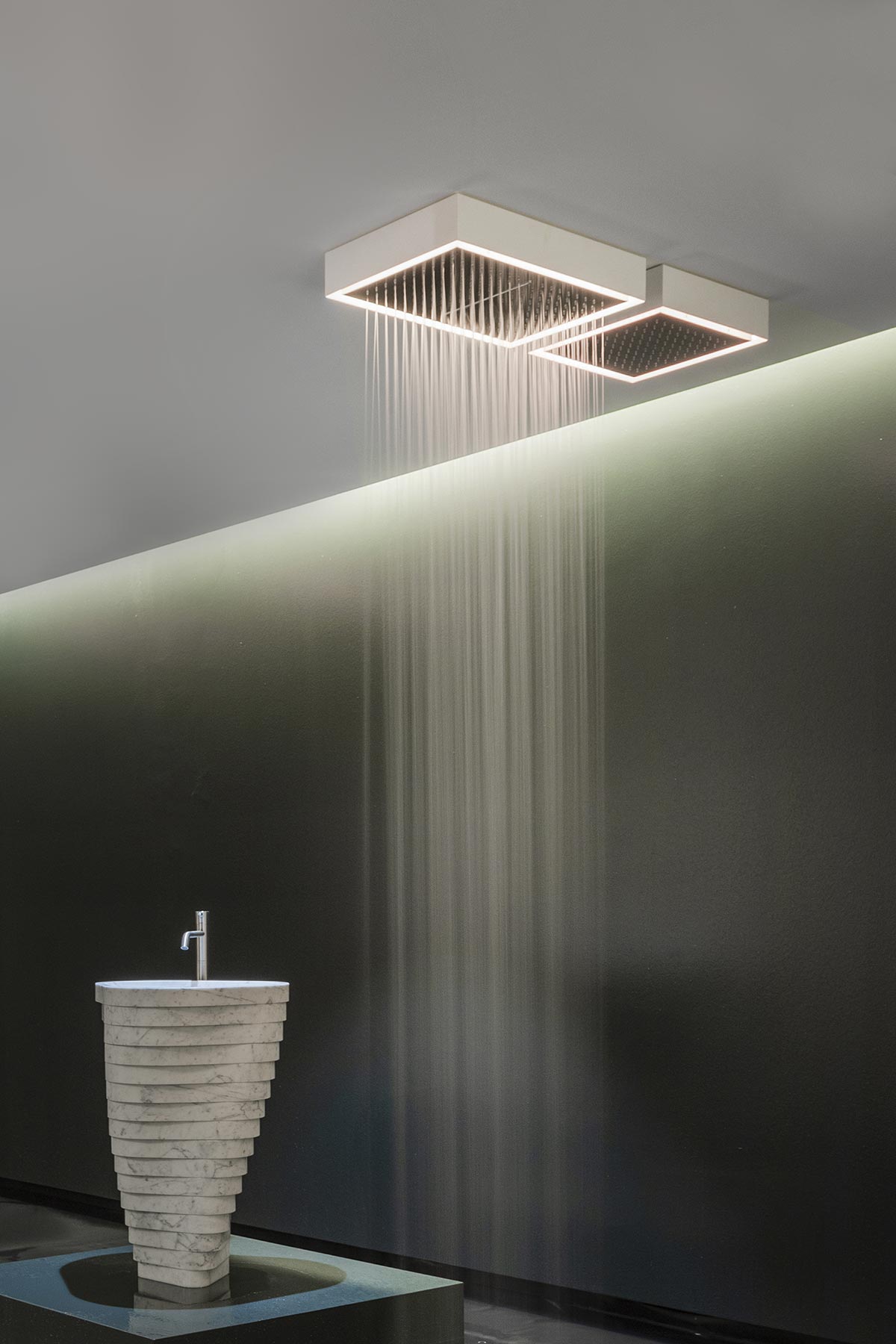 a showerhead fixed to the ceiling and visible when not in function.