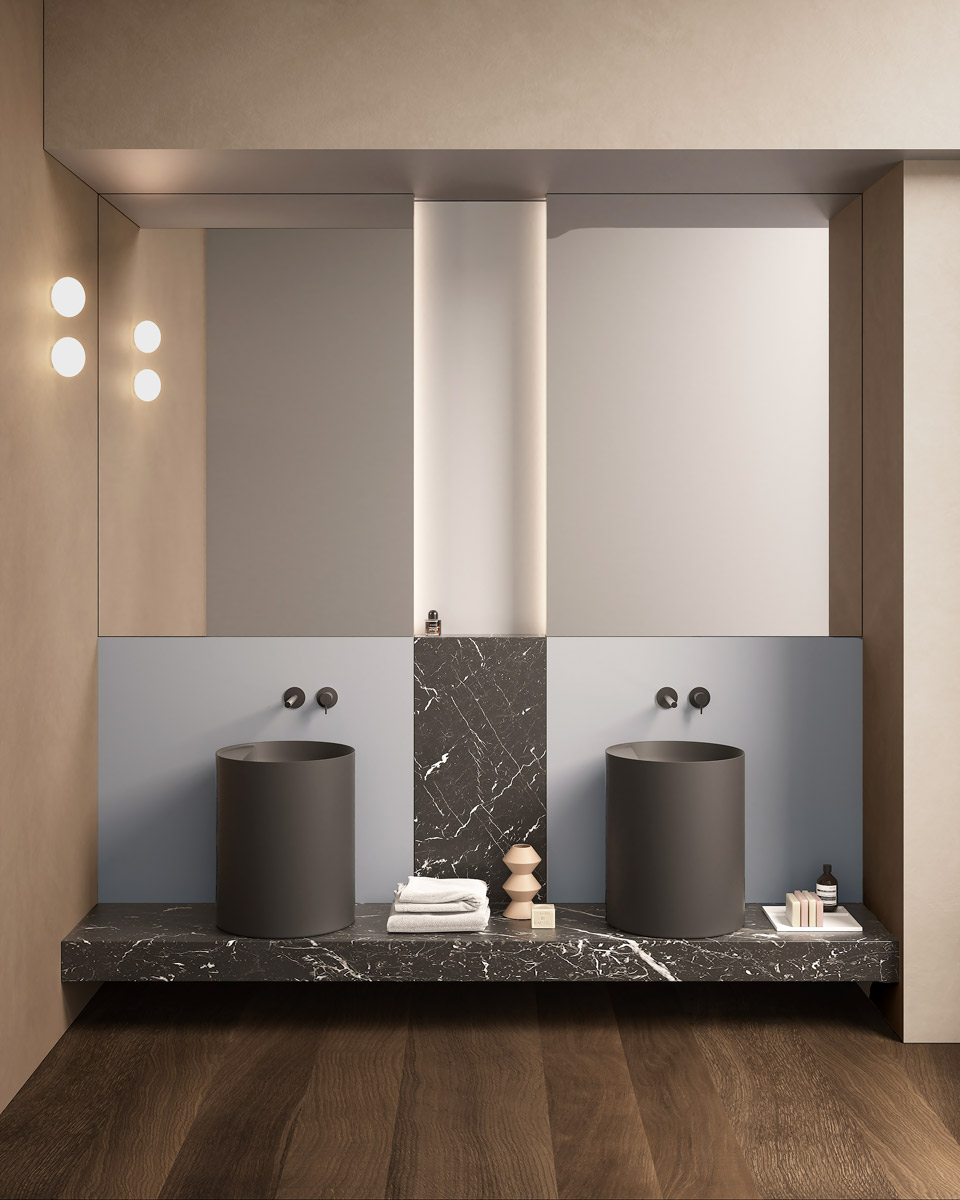 foregrounds and perspective backdrops that furnish the bathroom environment