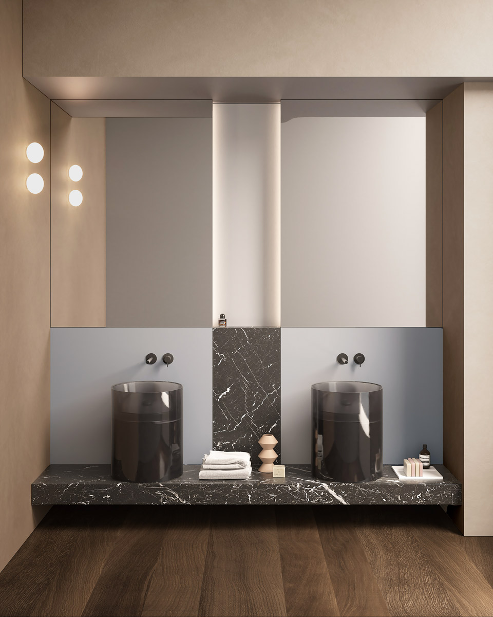 foregrounds and perspective backdrops that furnish the bathroom environment