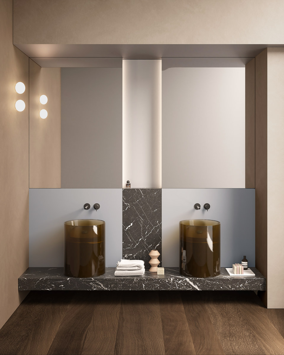 foregrounds and perspective backdrops that furnish the bathroom environment