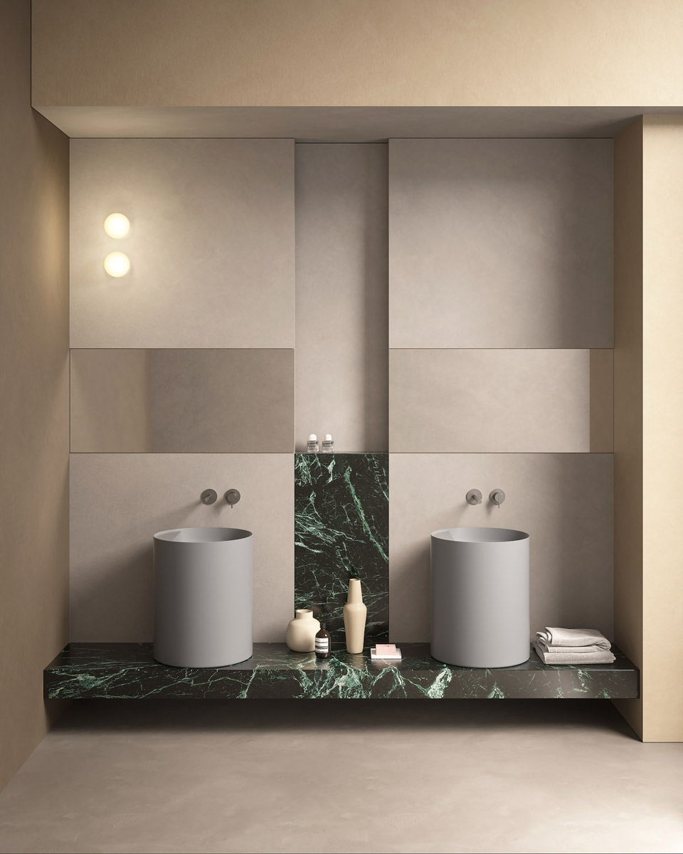 foregrounds and perspective backdrops that furnish the bathroom environment