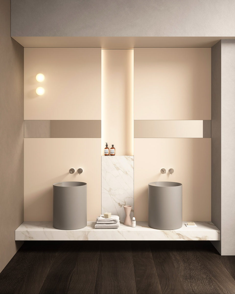 foregrounds and perspective backdrops that furnish the bathroom environment