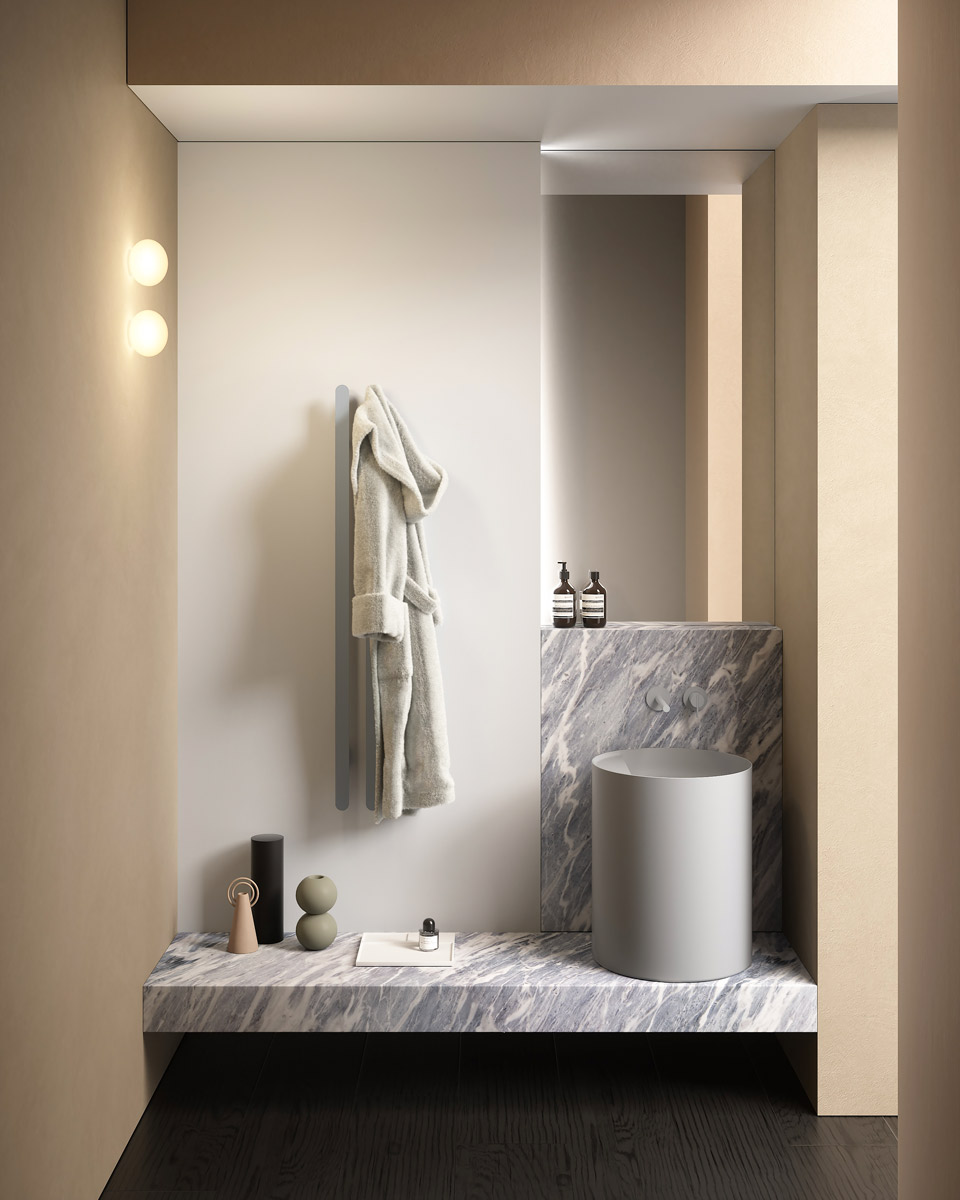 foregrounds and perspective backdrops that furnish the bathroom environment