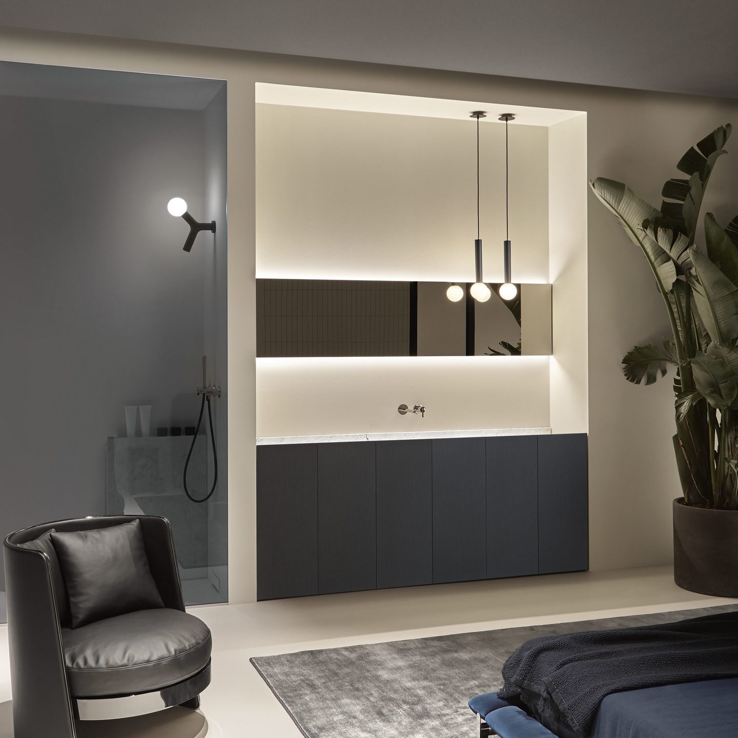 a modular sequence of bathtubs and countertops