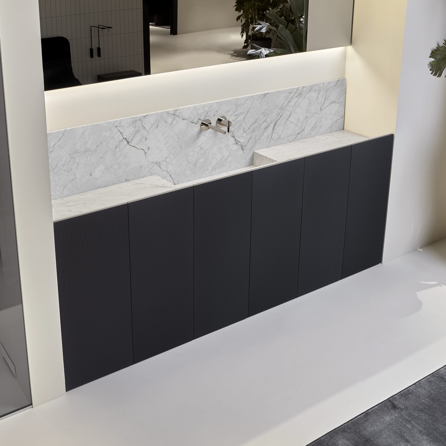 a modular sequence of bathtubs and countertops