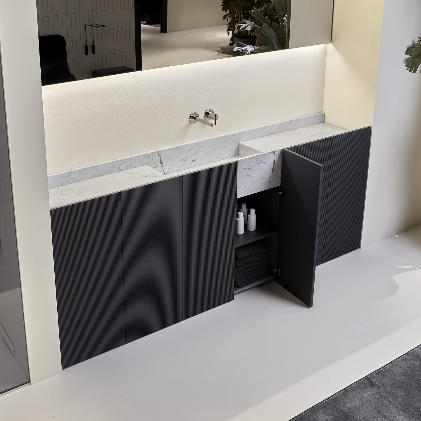 a modular sequence of bathtubs and countertops