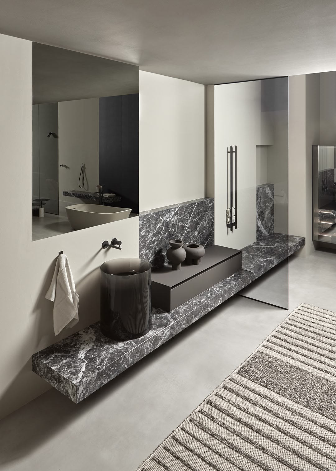 foregrounds and perspective backdrops that furnish the bathroom environment