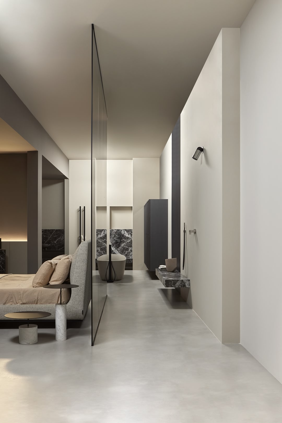 foregrounds and perspective backdrops that furnish the bathroom environment